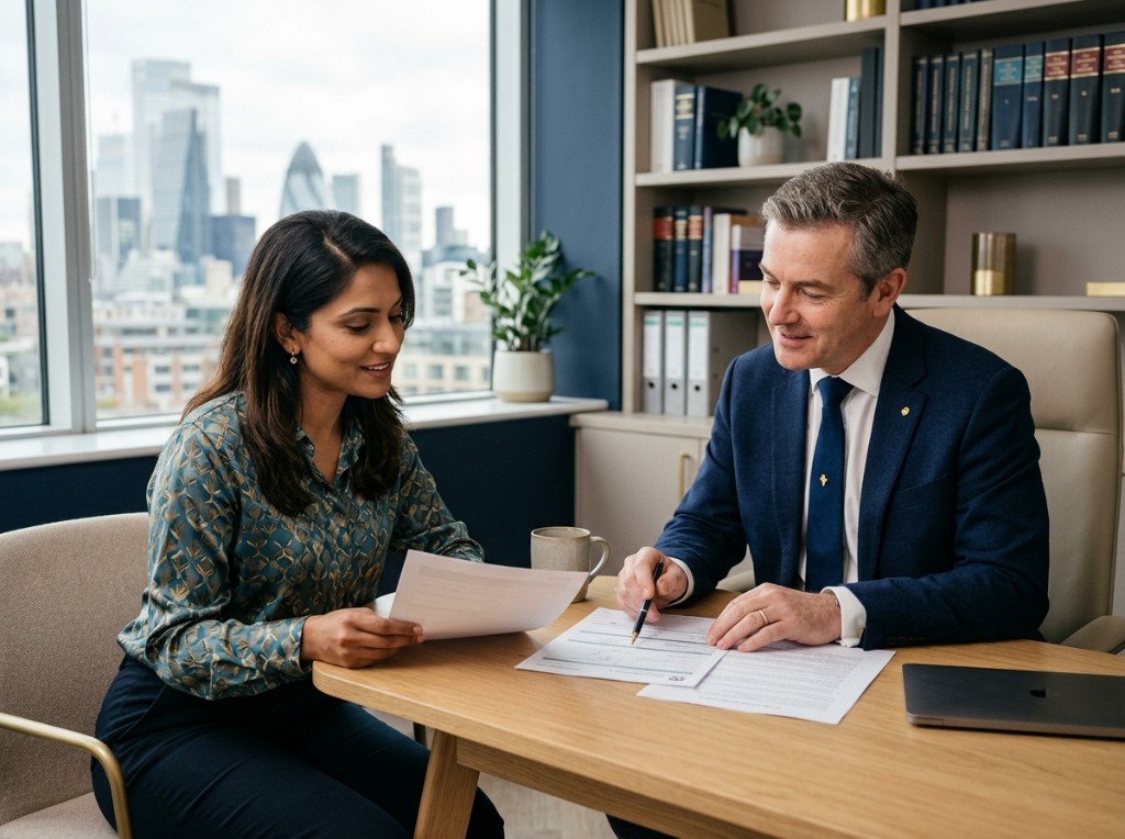 Gerald UK Immigration consultation — advisors reviewing documents together in a modern office